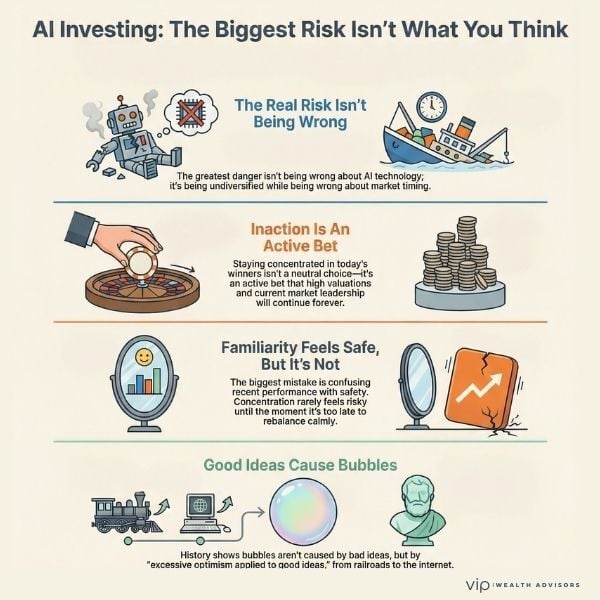 AI investing infographic explaining hidden risks, concentration danger, behavioral bubbles, diversification mistakes, and why familiarity and inaction increase long-term portfolio risk.
