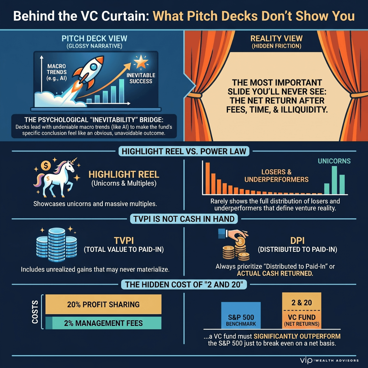 Pitch decks often highlight the story, the winners, and the upside. The real analysis happens when investors look at net returns, fees, liquidity constraints, and the full distribution of outcomes.