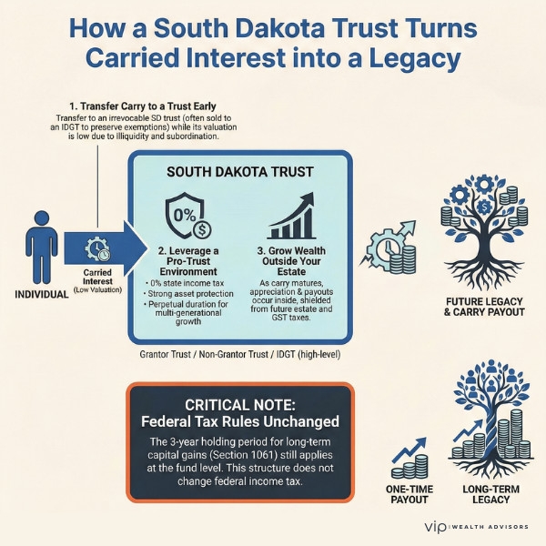 South Dakota trust infographic showing how carried interest transfers grow wealth outside the taxable estate.