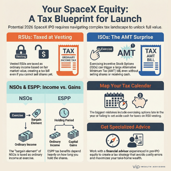 SpaceX equity tax planning infographic explaining RSUs, ISOs, AMT risks, NSOs, ESPP, and IPO timing.