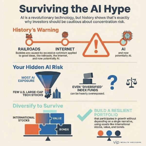 AI investing infographic warning about hype-driven bubbles, concentration risk in tech stocks, index fund exposure, and diversification strategies for resilient portfolios.