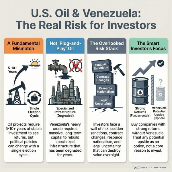 U.S. oil and Venezuela investment risks infographic highlighting sanctions, infrastructure decay, political uncertainty, and smart investor focus