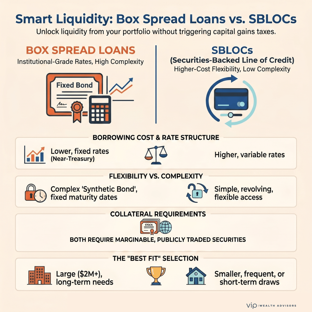 Side-by-side infographic comparing Box Spread Loans and Securities-Based Lines of Credit (SBLOCs), highlighting rates, flexibility, complexity, maturity, and ideal use cases for investors.
