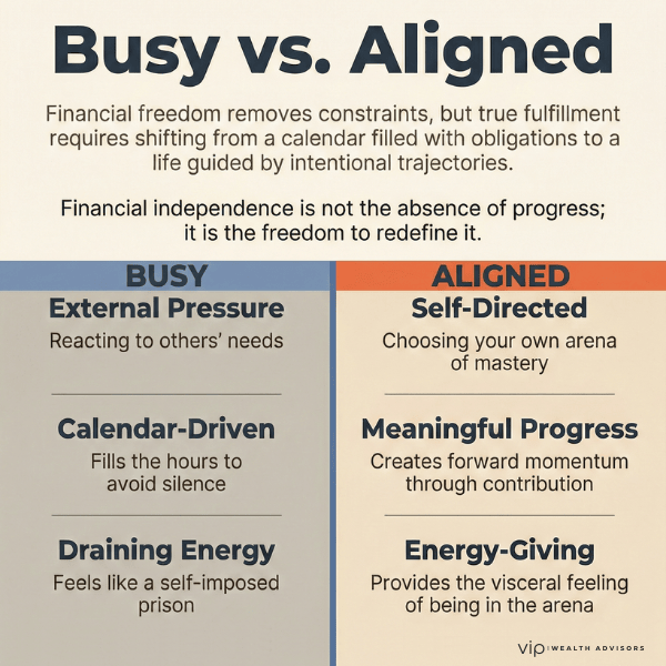 Busy versus aligned infographic comparing external pressure, calendar-driven busyness, and draining energy with self-directed, meaningful, energy-giving progress.