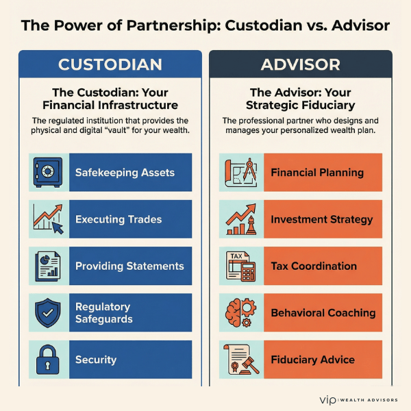 What a Custodian Does vs. What Your Advisor Does
This visual explains the difference between a custodian and a financial advisor. The custodian holds investment assets, executes trades, provides statements, and ensures regulatory safeguards.