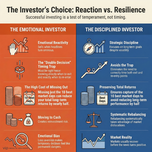 Infographic comparing emotional vs disciplined investors showing how reacting to market volatility leads to poor investment decisions while discipline leads to better long-term returns