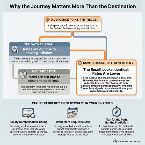 Financial planning infographic showing path dependency and interest rate scenarios
