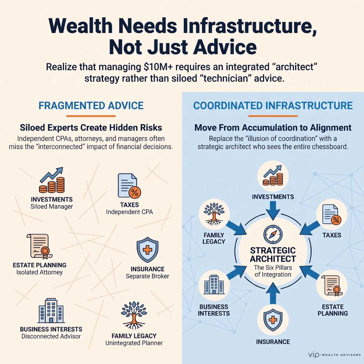 Infographic comparing fragmented financial advice with a coordinated financial strategy, showing how integrated planning connects investments, taxes, estate planning, insurance, business interests, and family legacy.