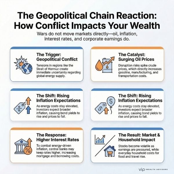 Infographic explaining how geopolitical conflict can trigger oil price spikes, inflation expectations, higher interest rates, and broader impacts on markets and household costs.