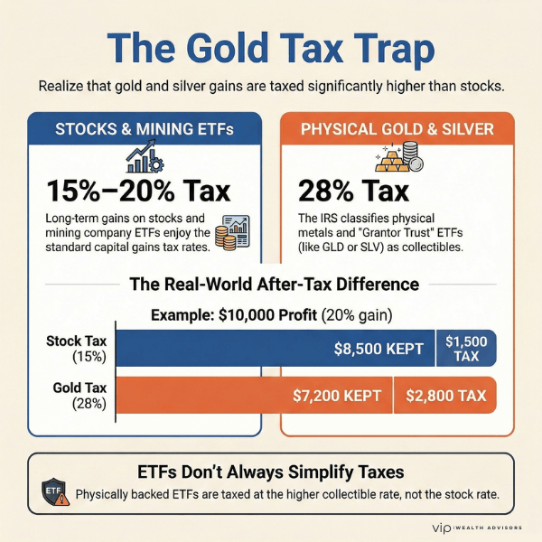 Infographic comparing gold and stock tax rates, showing 28 percent collectibles tax versus 15 to 20 percent capital gains.