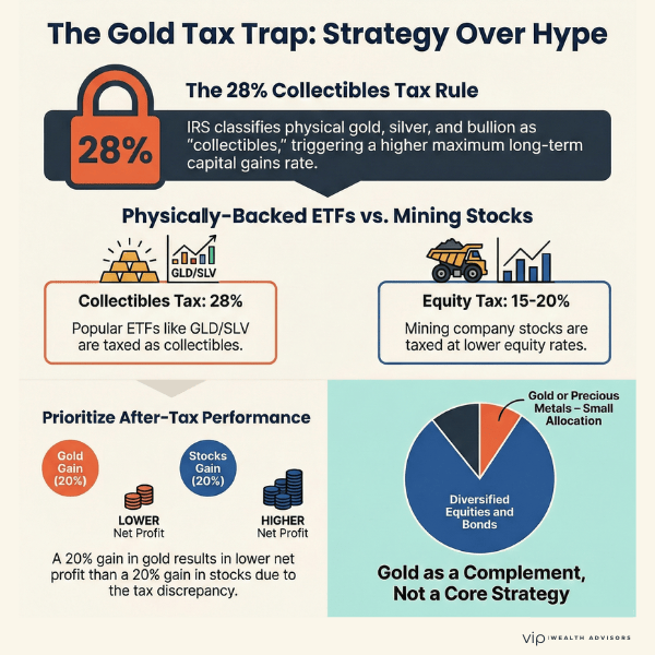 Infographic explaining 28 percent collectibles tax on gold versus 15 to 20 percent equity tax on mining stocks.