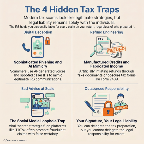 Infographic explaining four hidden tax traps including AI phishing scams, fake tax credits, social media tax advice, and taxpayer liability for IRS filings