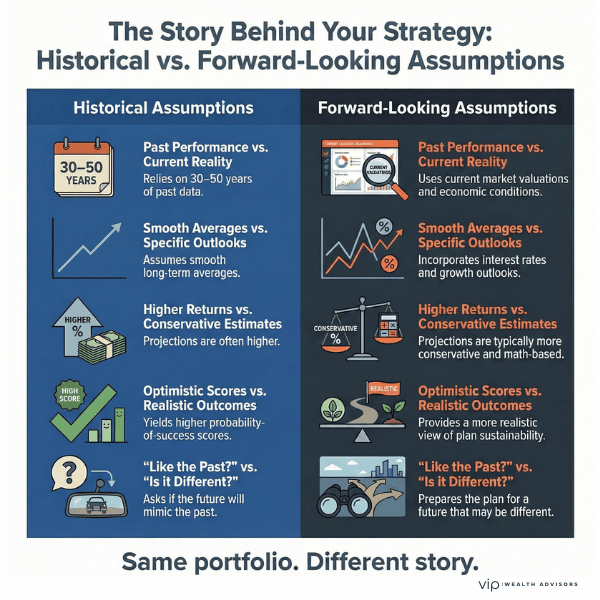 Infographic comparing historical versus forward-looking investment assumptions in financial planning strategy and portfolio return projections.