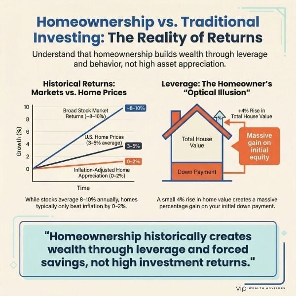 Infographic comparing homeownership and stock market returns, showing leverage benefits in real estate despite historically lower home price appreciation.