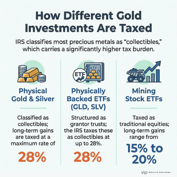 Infographic showing how physical gold, gold ETFs, and mining stock ETFs are taxed, comparing 28 percent collectibles rate versus 15 to 20 percent capital gains.