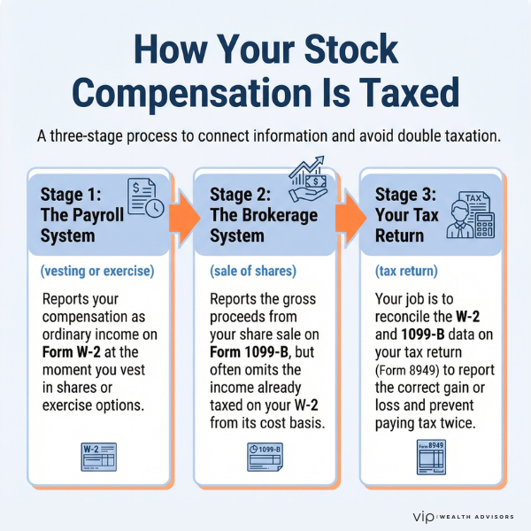 Stock compensation taxation infographic showing W-2, 1099-B, and 8949