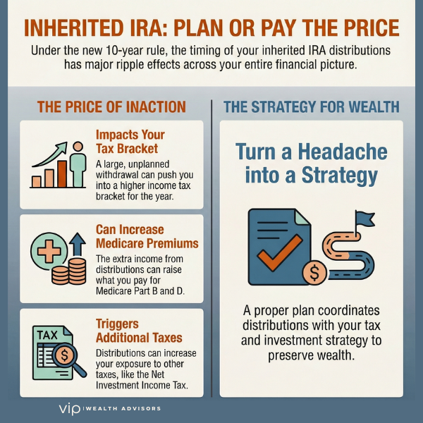 Inherited IRA planning infographic showing tax risks of 10-year rule and benefits of coordinated distribution strategy