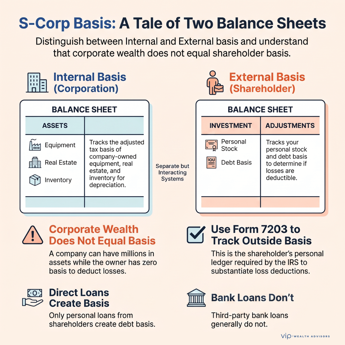 Infographic comparing internal basis and external basis in an S corporation, illustrating how corporate assets differ from shareholder investment and explaining the roles of Form 7203, debt basis, and shareholder loans.