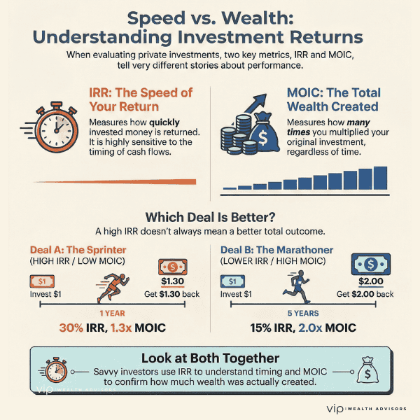 IRR versus MOIC infographic explaining speed versus total investment returns