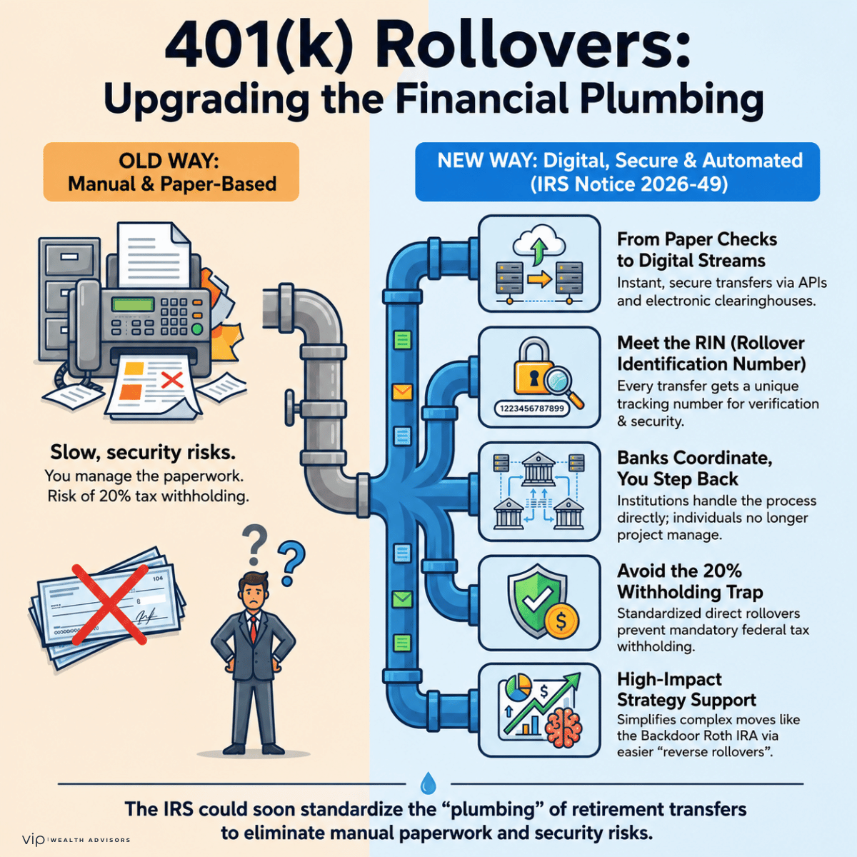 Infographic comparing the manual 401(k) rollover process with the IRS proposal for standardized, secure digital retirement transfers..