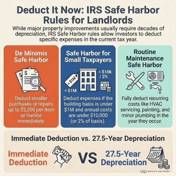 Infographic explaining IRS Safe Harbor rules for landlords including de minimis, small taxpayer, and routine maintenance deductions versus 27.5-year depreciation.
