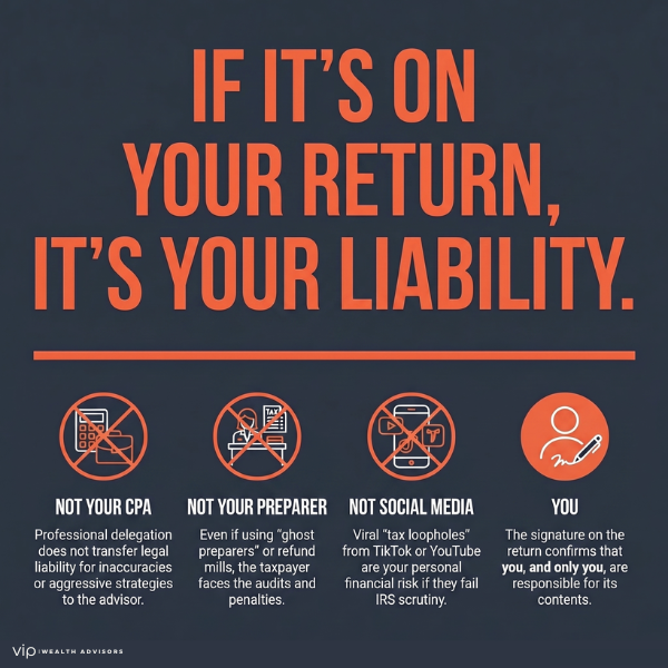 Infographic explaining that taxpayers are legally responsible for their IRS tax return, not their CPA, preparer, or social media advice