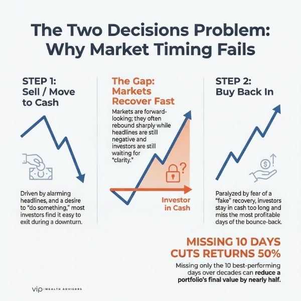 Infographic explaining why moving to cash and timing the market leads to missed recovery gains and lower long-term returns
