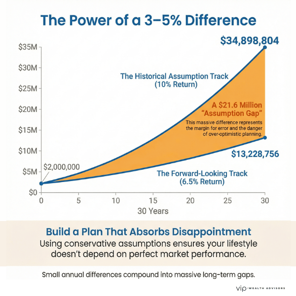 Investment growth chart showing 10% versus 6.5% returns creating a $21.6 million long-term assumption gap over 30 years.