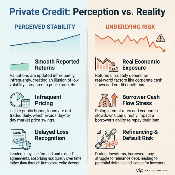 Private credit perception versus reality infographic on stability and risk