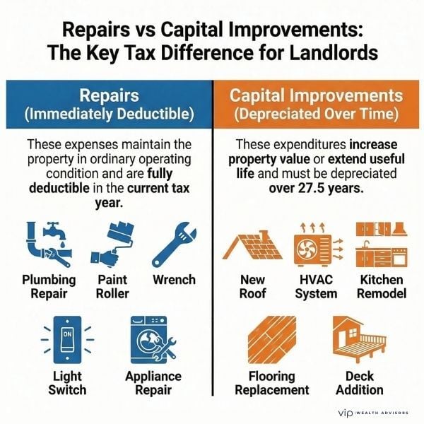 Infographic comparing repairs and capital improvements for landlords, showing which expenses are immediately deductible versus depreciated over 27.5 years.