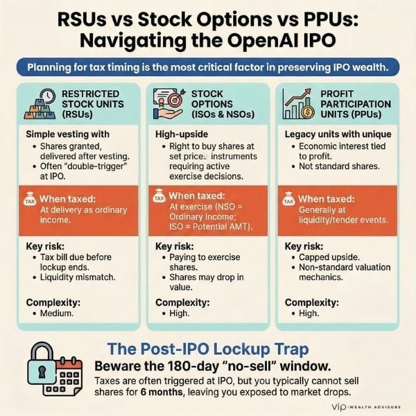 RSUs vs stock options vs PPUs explained with IPO tax implications, AMT risk, vesting, and lockup period rules for tech employees.