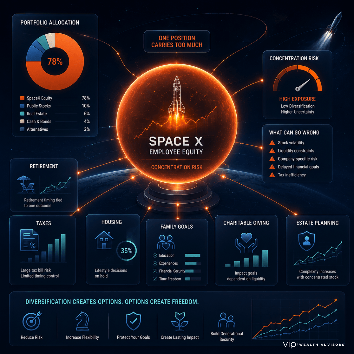 Futuristic infographic illustrating concentration risk for SpaceX employees, featuring a glowing central stock position dominating a financial life map connected to retirement planning, taxes, housing, charitable giving, estate planning