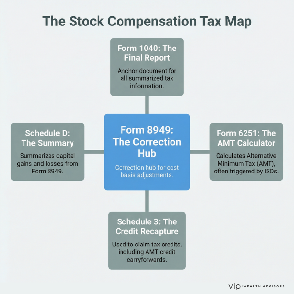 Stock compensation tax map showing Form 8949 and related filings