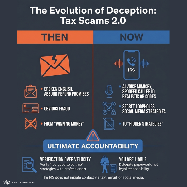 Infographic showing the evolution of tax scams from obvious email fraud to modern AI-driven IRS impersonation scams, highlighting voice mimicry, spoofed caller ID, and the importance of verification