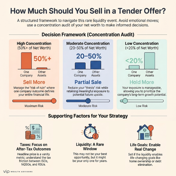 Decision framework infographic showing how much to sell in a private company tender offer based on concentration risk, with guidance for high, moderate, and low net worth exposure and key factors like taxes, liquidity, and life goals