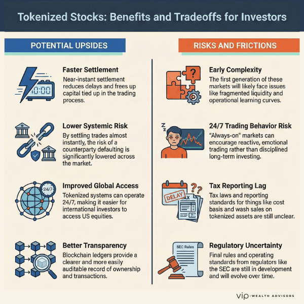Tokenized stocks infographic showing investor benefits, risks, and tradeoffs