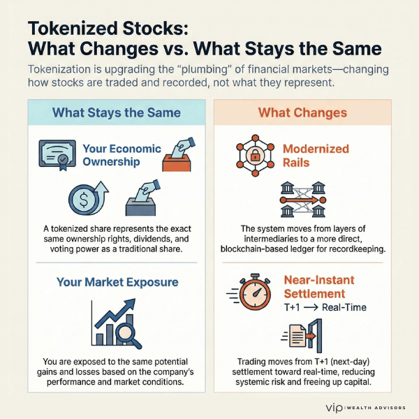 Tokenized stocks infographic showing what changes and stays same