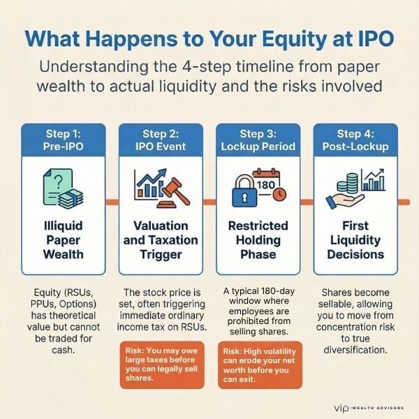 Step-by-step IPO equity timeline showing RSUs and stock options, IPO tax impact, lockup period restrictions, and how employees gain liquidity after going public.