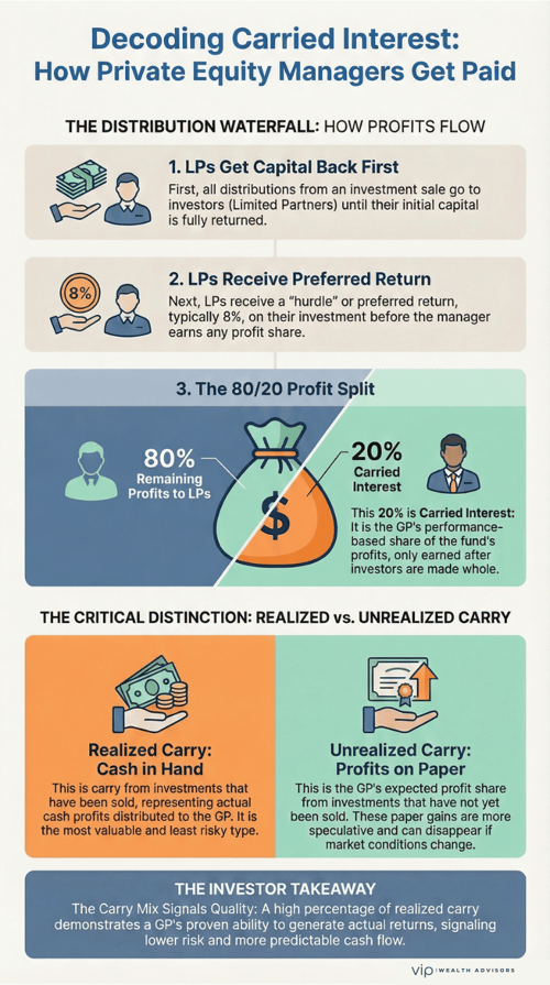 Decoding Private Equity Carried Interest. 
How Private Equity Managers Get Paid. 
The Distribution Waterfall: How Profits Flow.