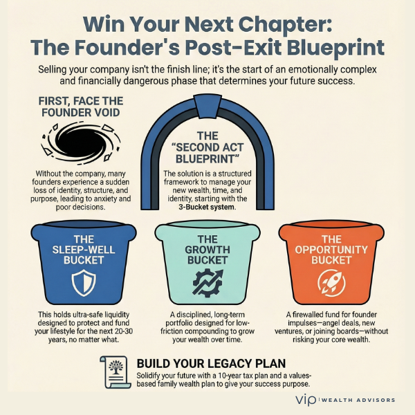 Founder post-exit planning infographic explaining how to manage wealth, identity, and risk after selling a business, using a three-bucket strategy for liquidity, long-term growth, and new opportunities, plus legacy and tax planning by VIP Wealth Advisors.