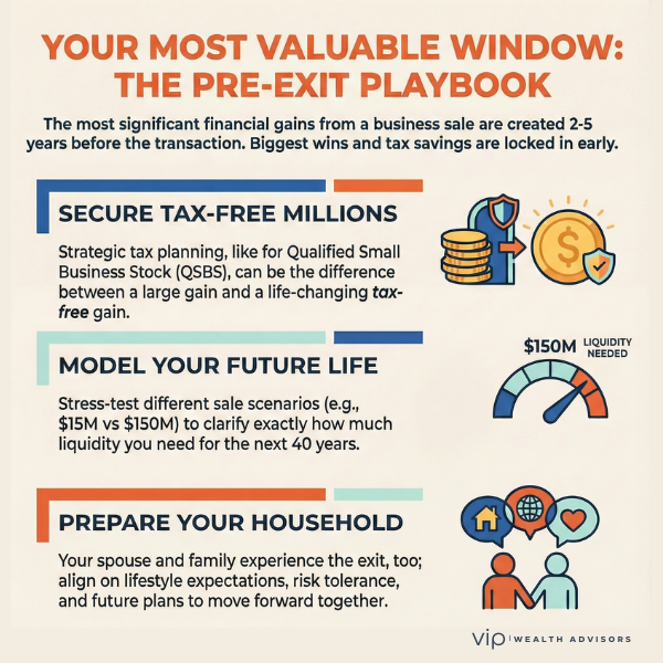 Pre-exit planning infographic for business owners showing how major tax savings and financial gains are created 2 to 5 years before a business sale, including QSBS tax-free strategies, exit scenario modeling, and family preparation by VIP Wealth Advisors.