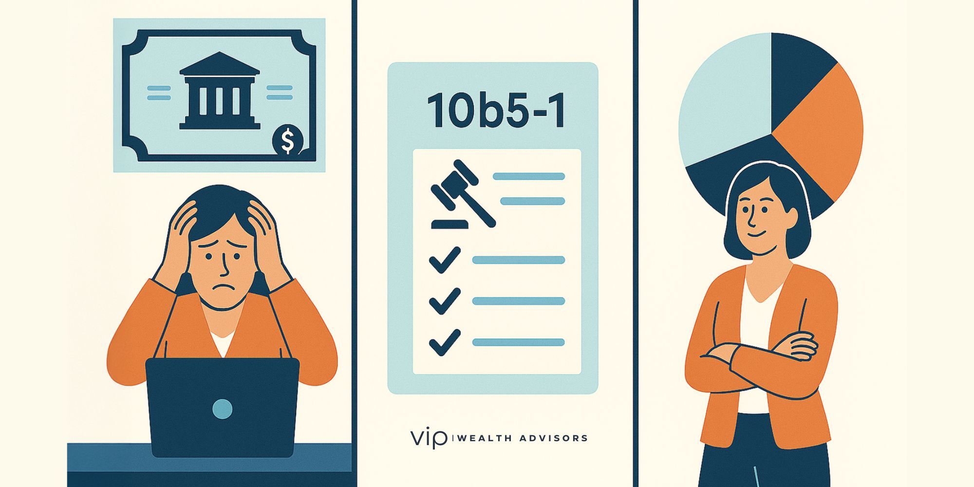Minimal illustration of an executive at a desk with a calendar and stock chart, representing prearranged 10b5-1 trading plans for compliant stock sales.