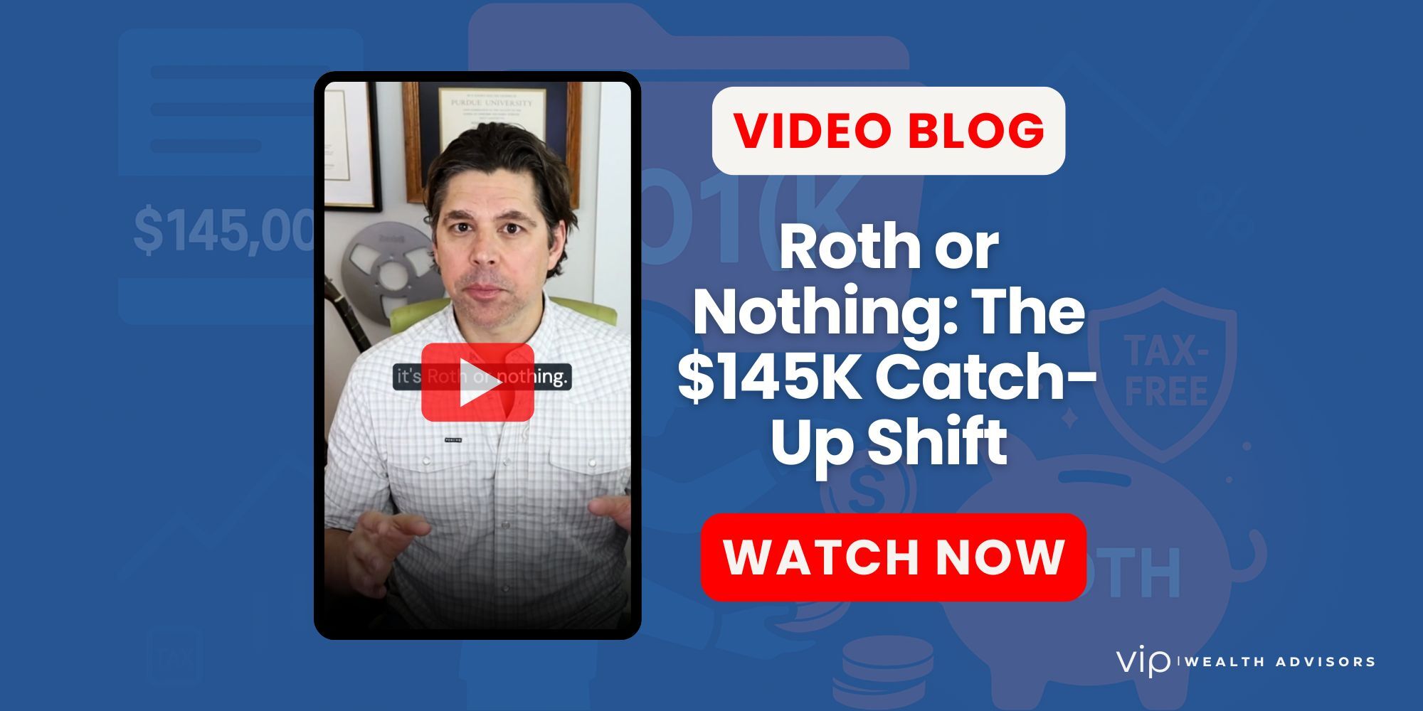 Illustration of a worker contributing to a 401(k), with $145,000 income threshold highlighted and Roth savings shown as tax-free growth.