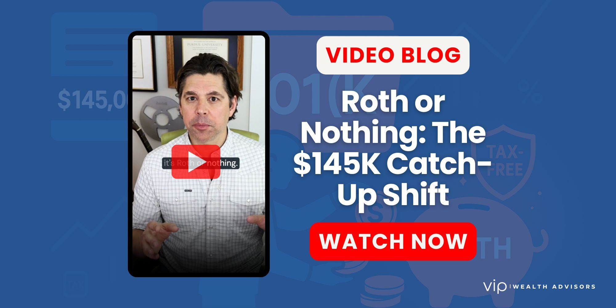 Illustration of a worker contributing to a 401(k), with $145,000 income threshold highlighted and Roth savings shown as tax-free growth.