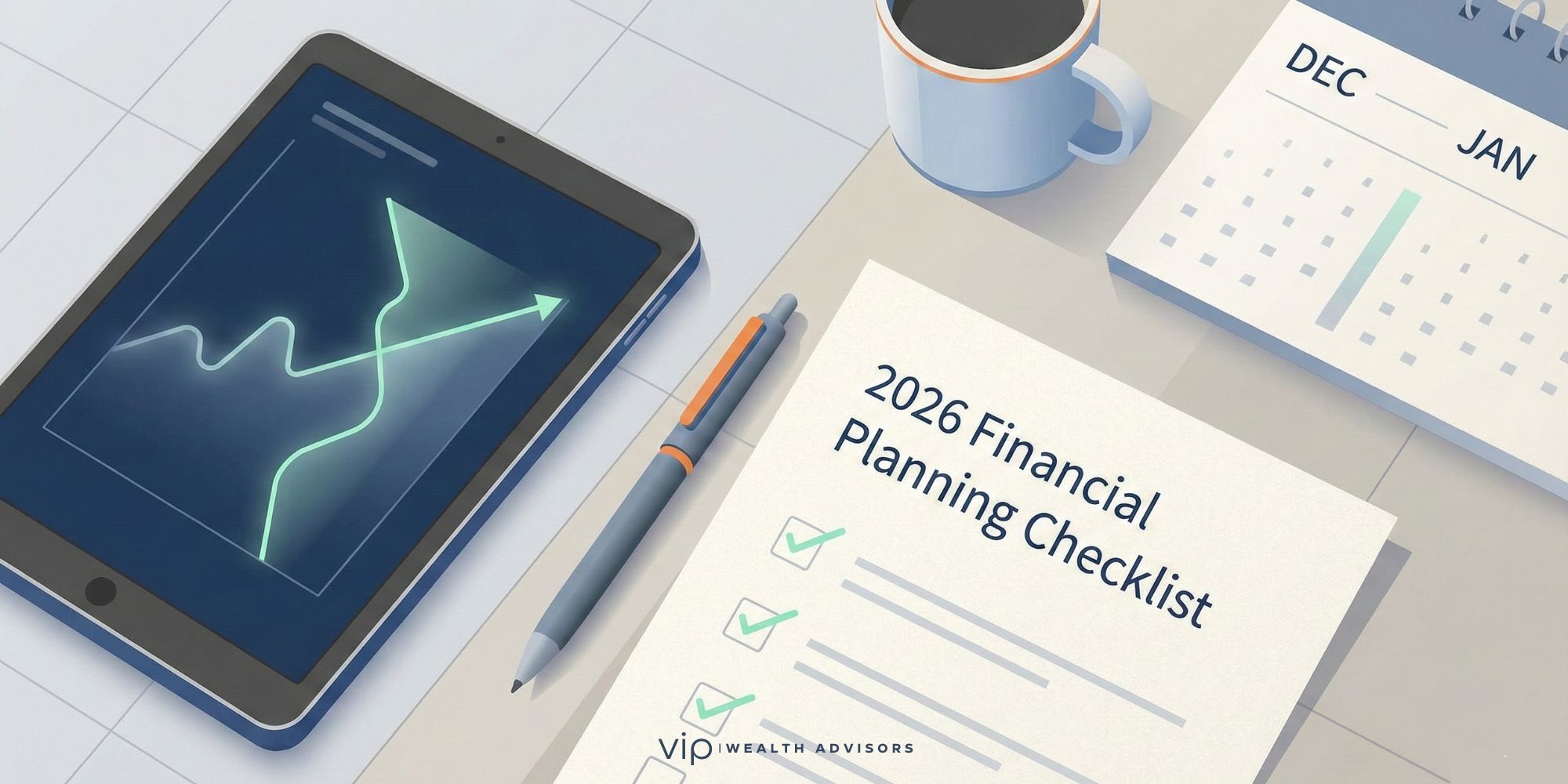 Illustration of a 2026 financial planning checklist highlighting retirement, tax, and equity compensation strategies.