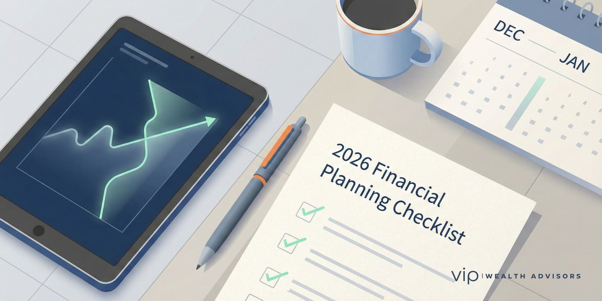 Illustration of a 2026 financial planning checklist highlighting retirement, tax, and equity compensation strategies.