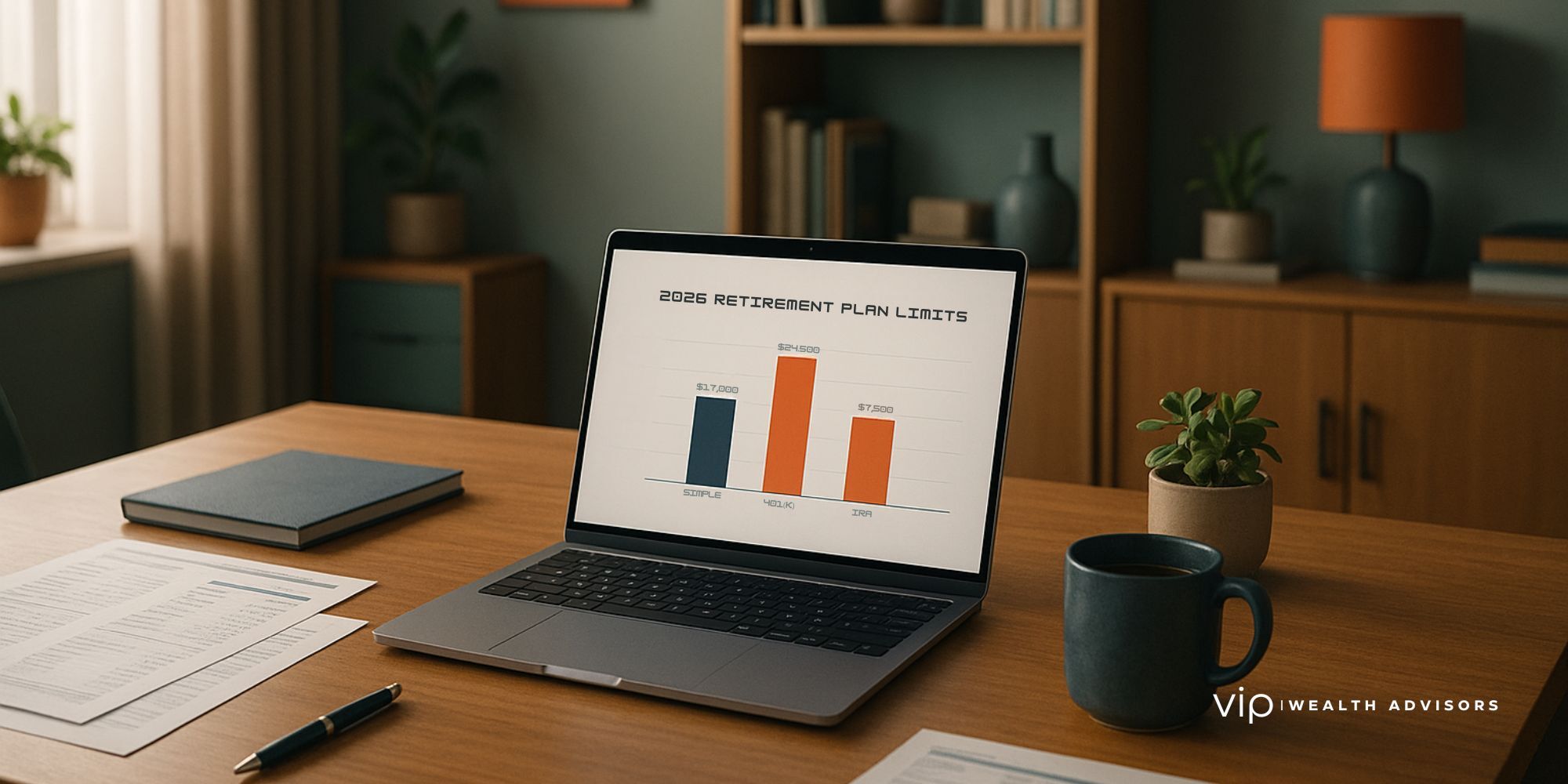 Realistic home office desk with laptop showing 2026 retirement plan charts, organized financial documents, coffee mug, and warm natural lighting.