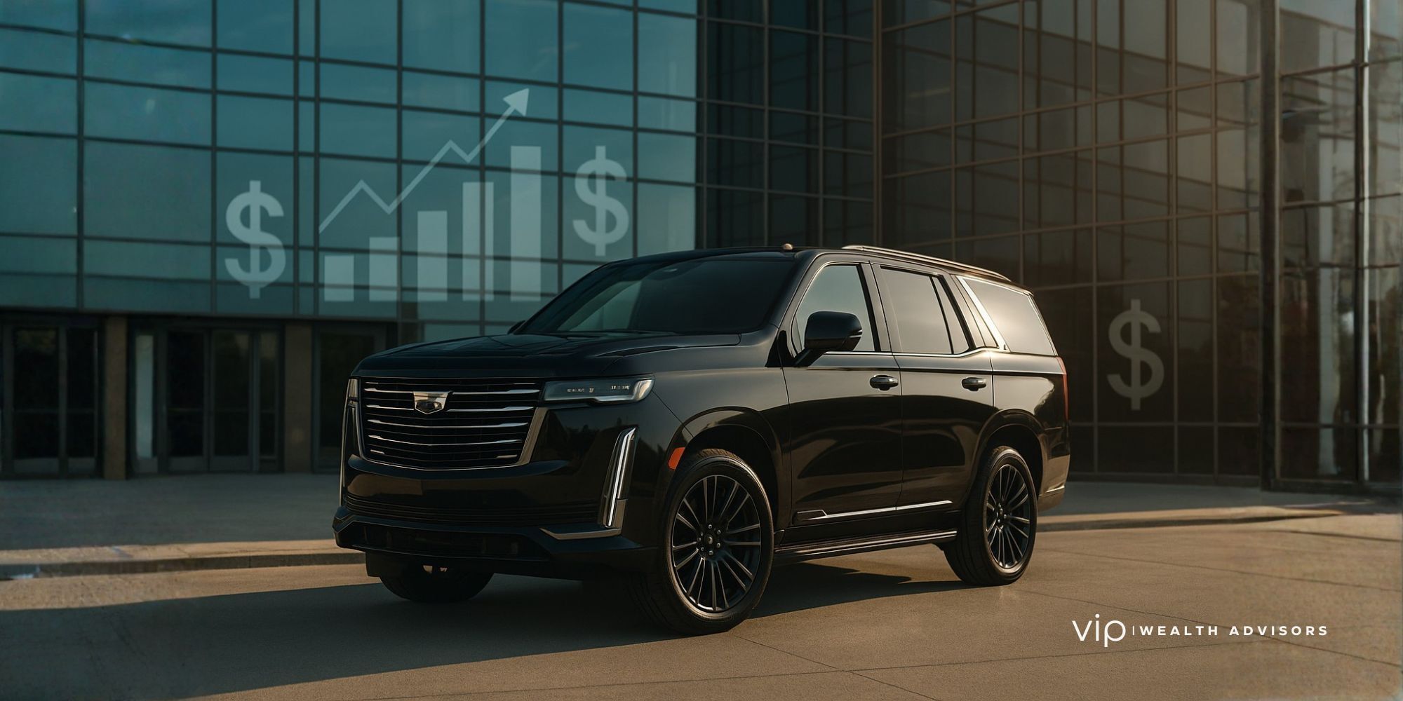 A sleek black Cadillac Escalade parked outside a modern office building, symbolizing the 6,000-pound vehicle rule and bonus depreciation tax savings.