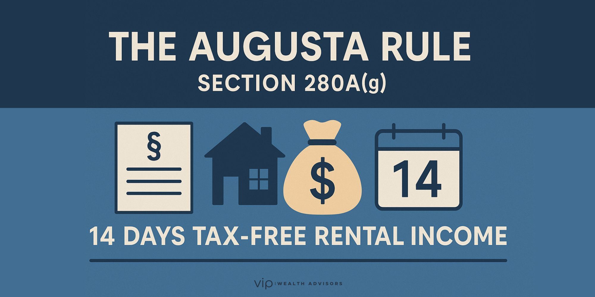 Augusta Rule Section 280A(g) infographic showing tax-free rental income for 14 days