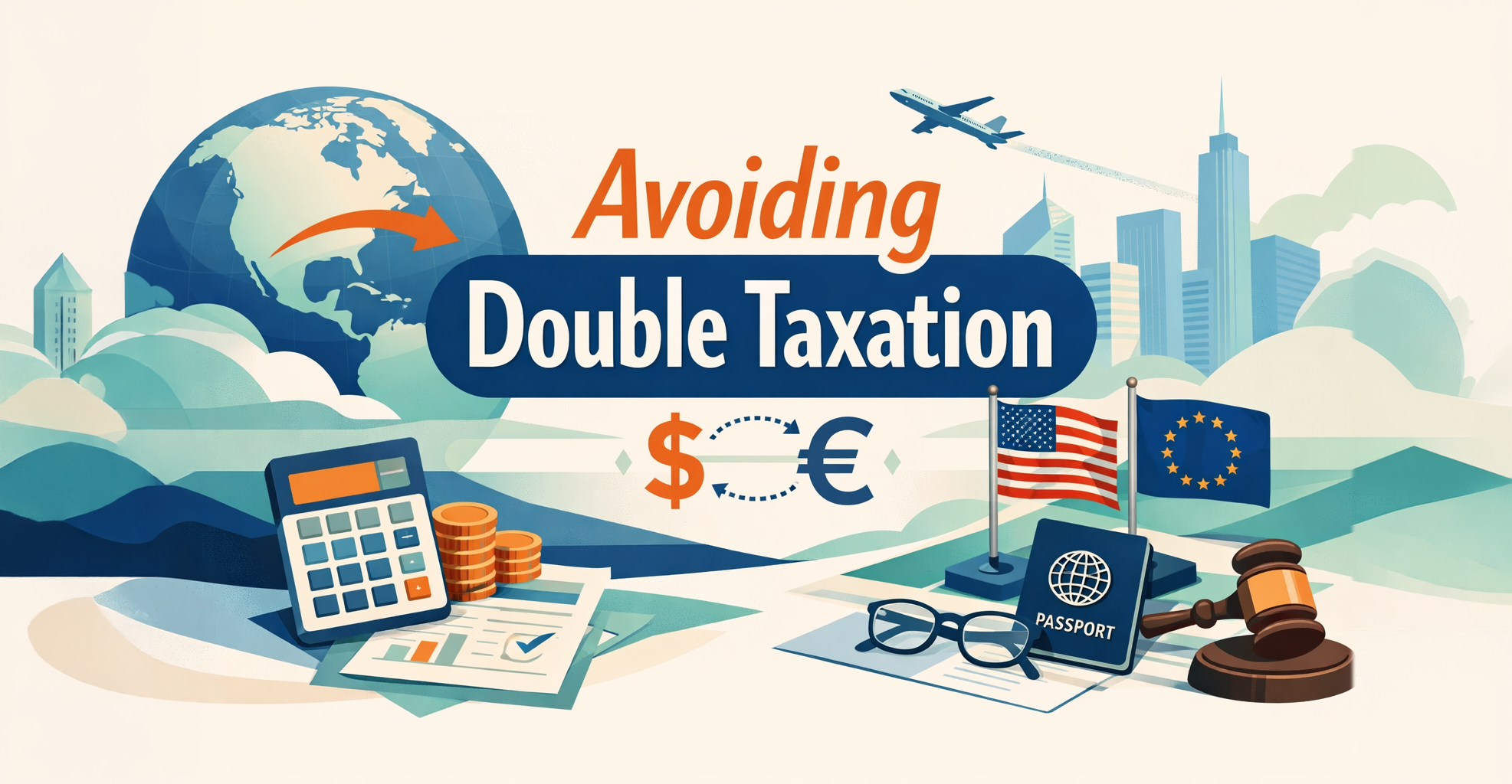 Cross-border tax planning illustration showing global financial coordination, IRS forms, foreign accounts, and strategies to avoid double taxation